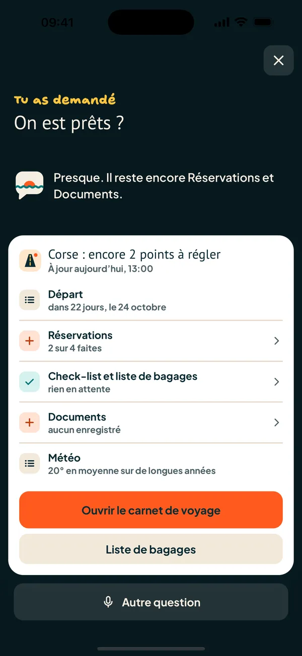 Genie répond à une question sur le voyage dans l'app