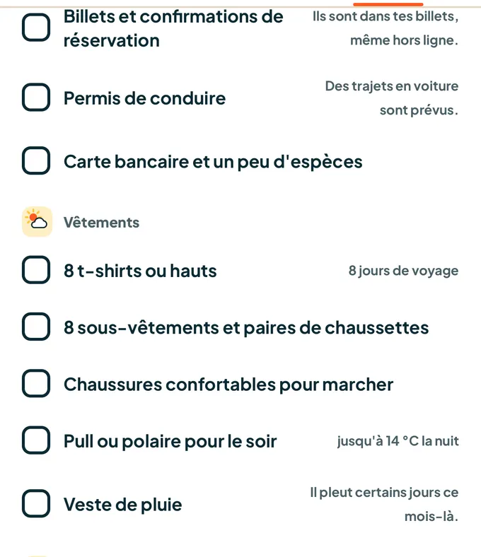Liste de bagages d'un voyage planifié dans l'app