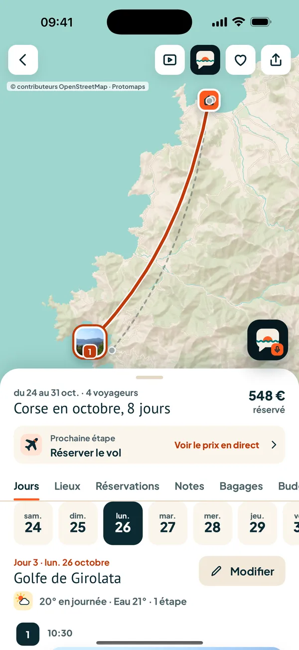 Un voyage planifié avec carte et programme du jour dans l'app